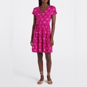 Gilli Hot Pink Tiered Dress Size Large Cap Sleeve V Neck Orange White Floral